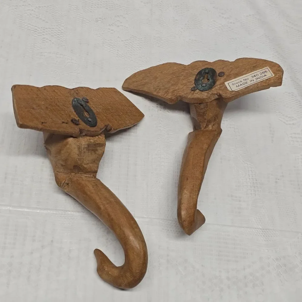 Vintage Hand Carved Elephant Wall Hooks Set Of 2 Indian Boho Decor Cottagecore